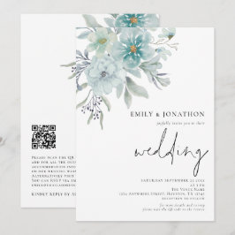 Invitación Elegante Mar Verde azulado Mist Florals QR Code Bo