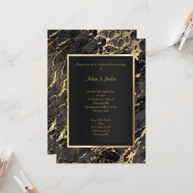 INVITACIÓN ELEGANTE MARBLE BLACK GOLD METALLIC BODA (Anverso/Reverso In Situ)