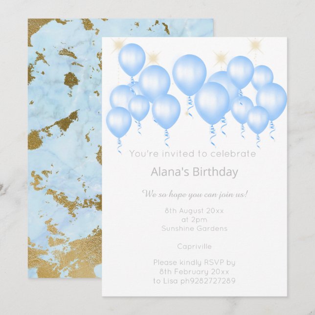 INVITACIÓN ELEGANTE MARBLE BLUE BALLOON CUMPLEAÑOS (Anverso / Reverso)
