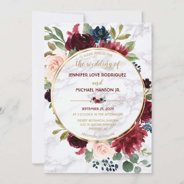 Invitación Elegante Marble Gold Marsala Marina Floral Azul Fl (Anverso)