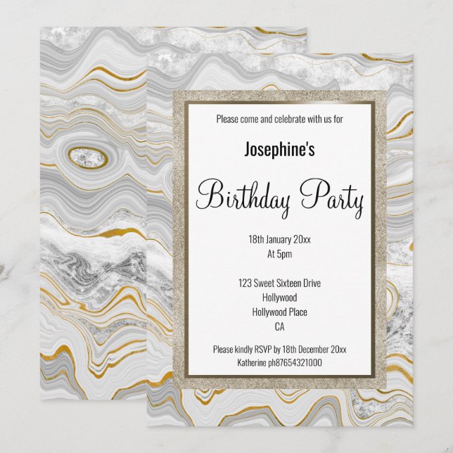 INVITACIÓN ELEGANTE MARBLE GRAY GOLD PATTERN CUMPLEAÑOS (Anverso / Reverso)