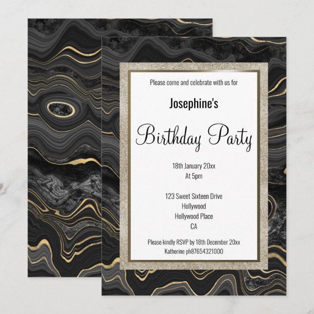 INVITACIÓN ELEGANTE MARBLE ROJO NEGRO PATRÓN DE CUMPLEAÑOS (Anverso / Reverso)