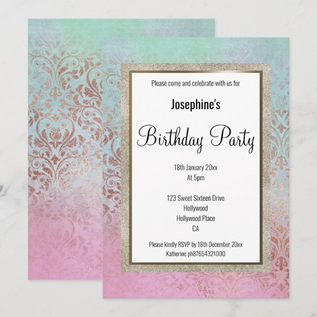 INVITACIÓN ELEGANTE MARBLE VICTORIANO CUMPLEAÑOS (Anverso / Reverso)