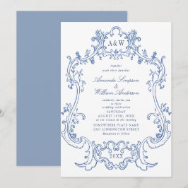 Invitación Elegante Marco Antiguo de Color Azul Polvoriento B