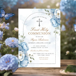 Invitación Elegante Marco Azul Floral Primera Comunión