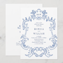 Invitación Elegante marco azul polvoriento barroco para cena 