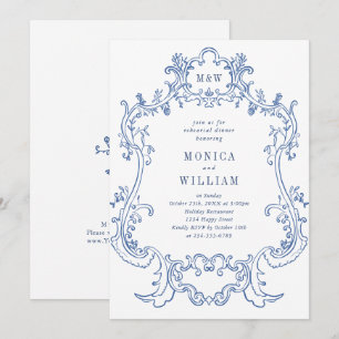Invitación Elegante marco azul polvoriento barroco para cena 