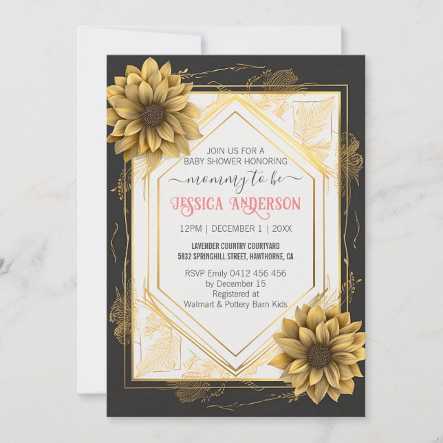 Invitación Elegante marco Baby Shower amarillo negro girasol (Anverso)