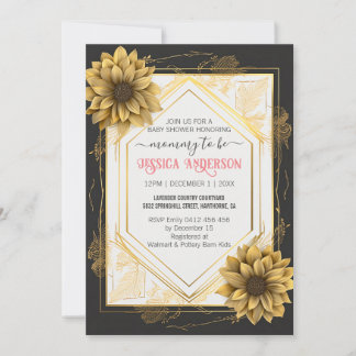 Invitación Elegante marco Baby Shower amarillo negro girasol