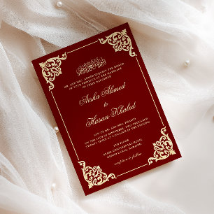 Invitación Elegante Marco Barroco Borgoña Boda Musulmana