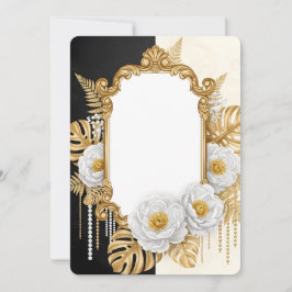 Invitación Elegante marco barroco dorado con flores blancas y