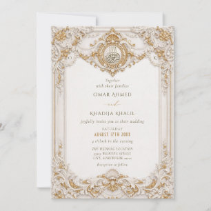 Invitación Elegante marco barroco dorado y blanco para boda i