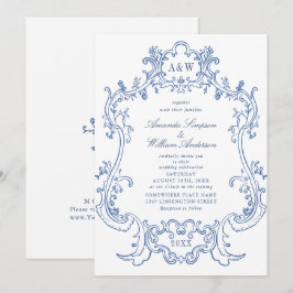 Invitación Elegante Marco Barroco Polvoriento Azul Ornamentad