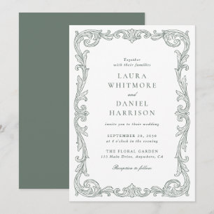 Invitación Elegante Marco Barroco Vintage Verde Salvia Boda