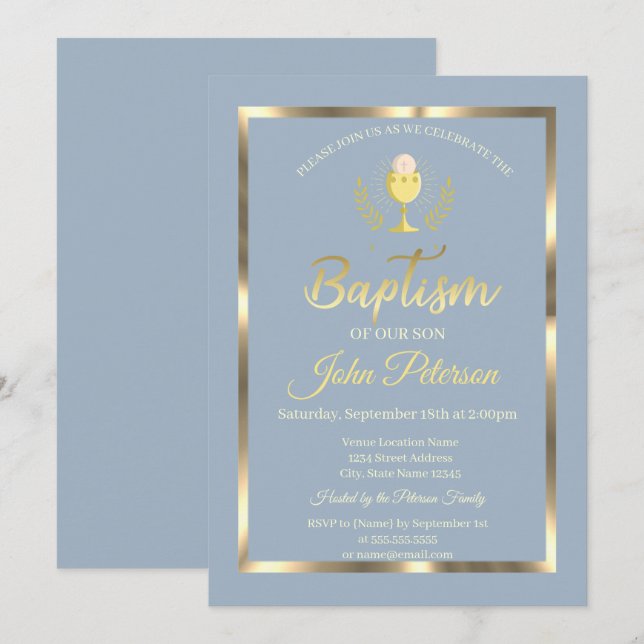 Invitación Elegante marco bautizo azul polvoriento (Anverso / Reverso)