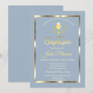 Invitación Elegante marco bautizo azul polvoriento
