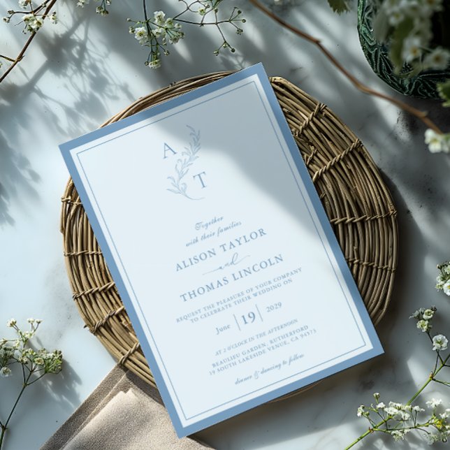 Invitación Elegante marco Boda de monograma azul turbio (Subido por el creador)