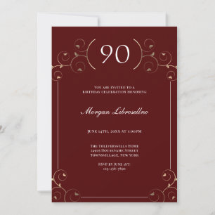 Invitación Elegante marco Borgoña Oro 90 cumpleaños