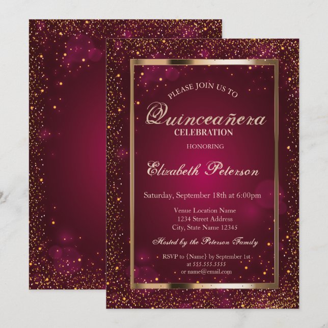 Invitación Elegante Marco Chic Confeti Quinceañera (Anverso / Reverso)