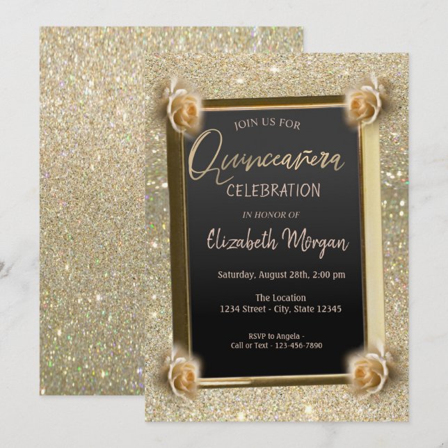 Invitación Elegante marco chic flores, rosas Quinceañera  (Anverso / Reverso)