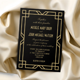 Invitación Elegante Marco clásico Art Deco Oro Boda Negro