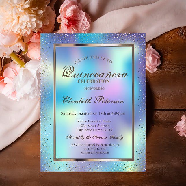 Invitación Elegante Marco Confetti Holográfico Quinceañera (Subido por el creador)