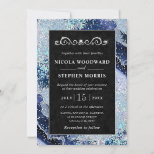 Invitación Elegante Marco de Bodas con Ágata Azul y Plateada
