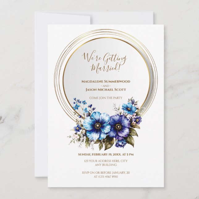 Invitación Elegante Marco de Círculo Dorado Floral Azul Púrpu (Anverso)