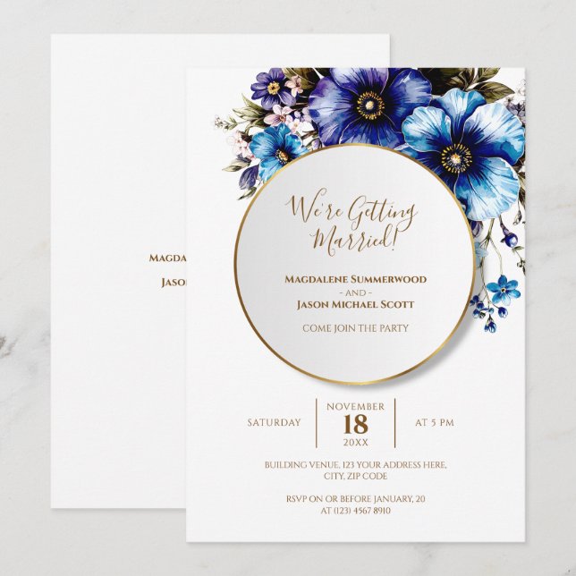 Invitación Elegante Marco de Círculo Dorado Floral Azul Púrpu (Anverso / Reverso)
