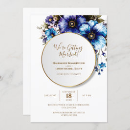 Invitación Elegante Marco de Círculo Dorado Floral Azul Púrpu