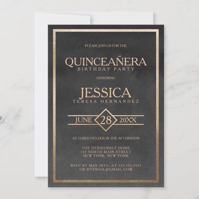 Invitación Elegante Marco de color negro dorado Quinceañera (Anverso)