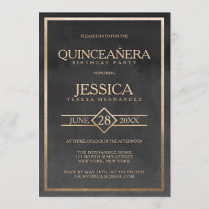 Invitación Elegante Marco de color negro dorado Quinceañera