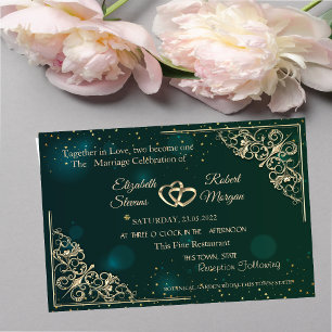 Invitación Elegante marco de corazones de oro verde boda
