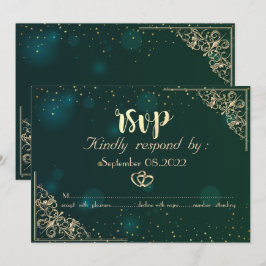 Invitación Elegante Marco de Corazones de Oro Verde Boda  RSV
