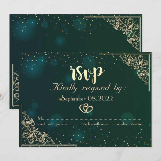 Invitación Elegante Marco de Corazones de Oro Verde Boda RSVP (Anverso / Reverso)