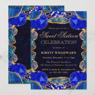 Invitación Elegante Marco de Cristal Azul Dorado Cumple Dulce