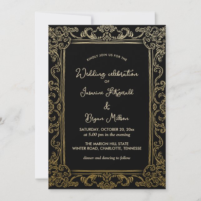 Invitación Elegante marco de época floreciente | Boda Black (Anverso)