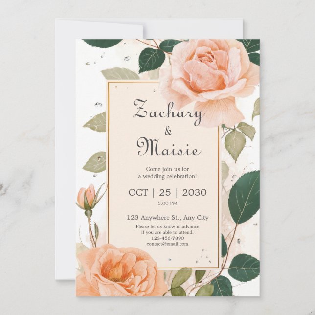 Invitación Elegante Marco de Flor de Rosa Dorado Melocotón Bo (Anverso)