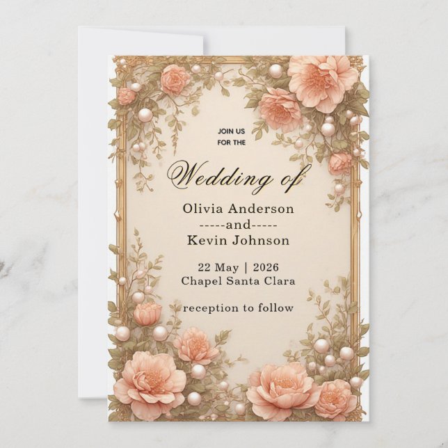 Invitación Elegante marco de flora de boda con flores rosadas (Anverso)