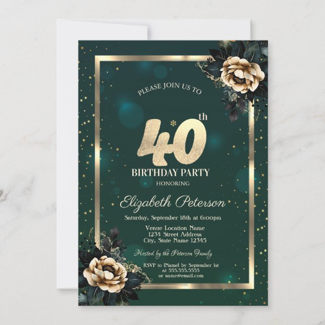 Invitación Elegante marco de flores de oro estrellas verde 40 (Anverso)