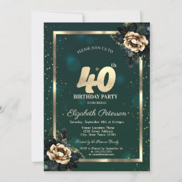 Invitación Elegante marco de flores de oro estrellas verde 40