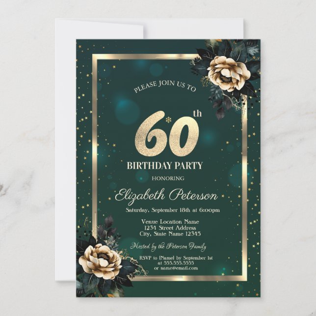 Invitación Elegante marco de flores de oro estrellas verde 60 (Anverso)