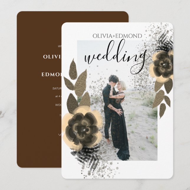 Invitación Elegante marco de flores doradas foto boda (Anverso / Reverso)