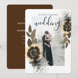 Invitación Elegante marco de flores doradas foto boda