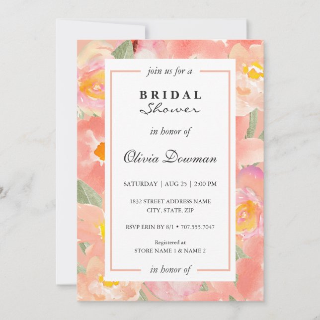 Invitación Elegante marco de flores rosadas. Trendy Bridal Sh (Anverso)