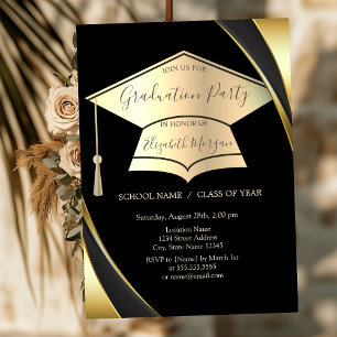 Invitación Elegante marco de gorra de graduación dorado negro