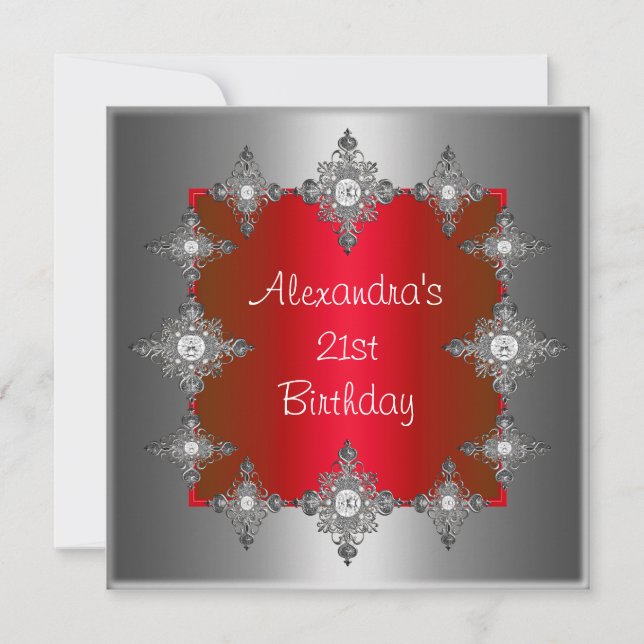 Invitación Elegante marco de jewel rojo plateado cumpleaños (Anverso)
