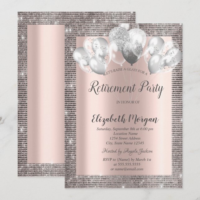 Invitación Elegante marco de lentejuelas plateadas Rosa Dorad (Anverso / Reverso)