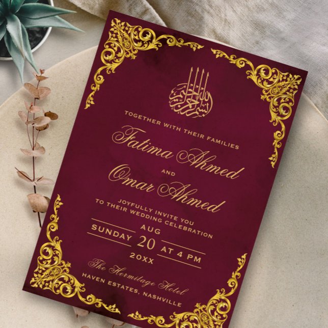 Invitación Elegante marco de oro burdeos boda islámica musulm (Subido por el creador)