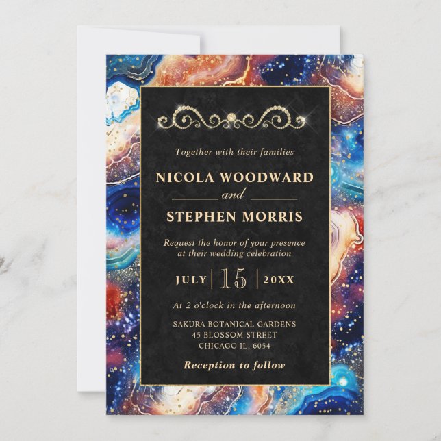 Invitación Elegante Marco de Oro con Agata Celeste Azul para  (Anverso)